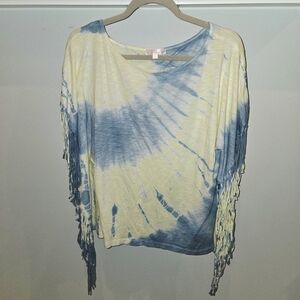 Maronie Tie-Dye Fringe Top Blue Yellow Boho Hippie NWOT Large